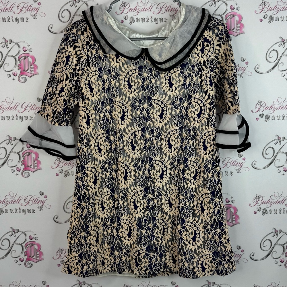 Onnineg blouse crochet lace Elegant Lace top blue cream Top Pan Collar